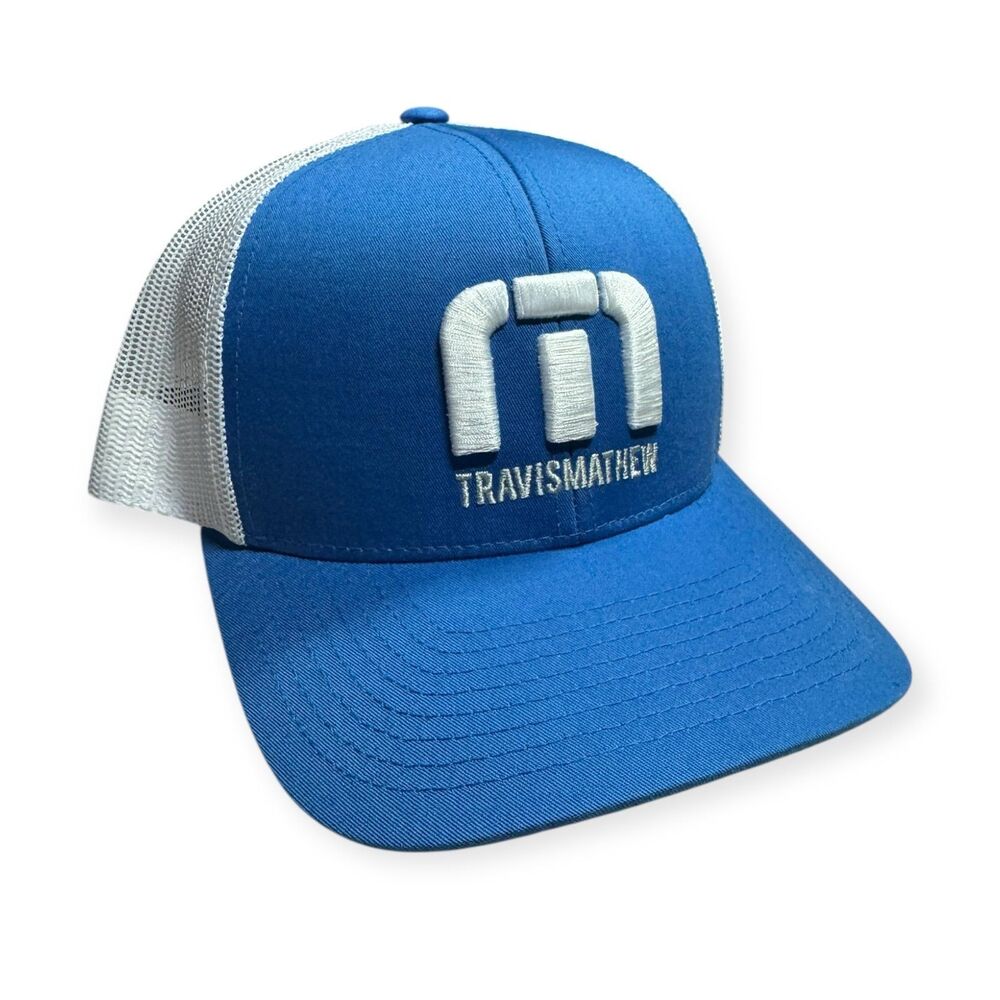 Travis Mathew Golf Hat Flex Fit Blue & White Snapback Mesh Trucker Cap‎